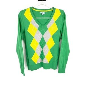 IZOD Argyle V Neck Sweater Green Yellow Golfcore Old Money Preppy  Size medium